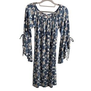 Honeyme Blue Floral Smocked Bell Sleeve Mini Dress Peasant Boho Size Large